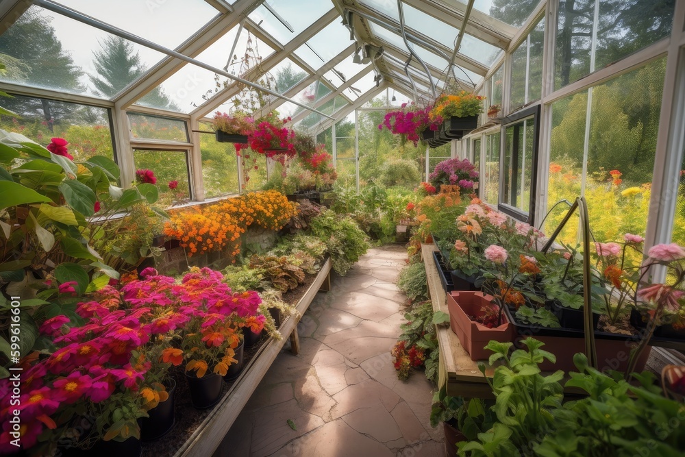 greenhouse with view of garden, featuring colorful plants and blooming flowers, created with generative ai