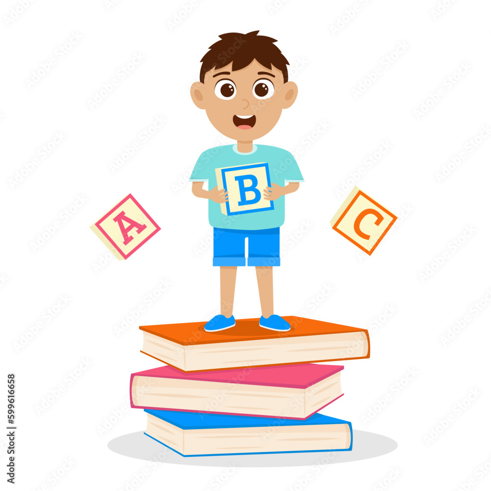 Pupil boy standing on books with abc cube in hands. Back to school banner, poster, postcard design elements isolated on white. Pupil boy standing on books with abc cube in hands. Back to school banner, poster, postcard design elements isolated on white.