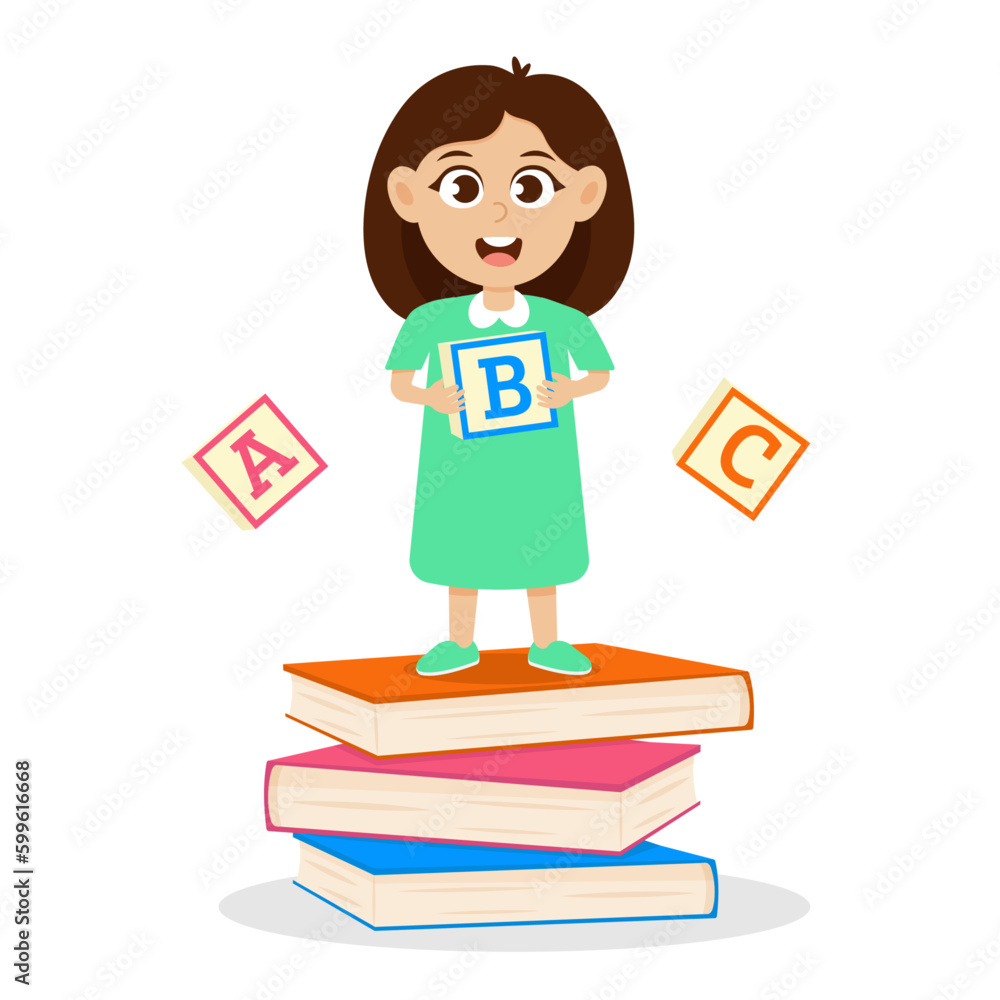 Cute little girl standing on books with cube tin her hands. Back to school postcard, banner design elements. Cute little girl standing on books with cube tin her hands. Back to school postcard, banner design elements.