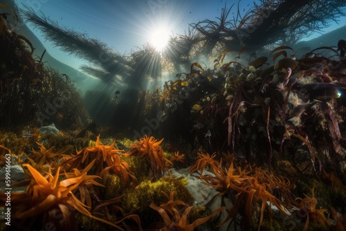 kelp forest teeming with life  including starfish and crabs  created with generative ai