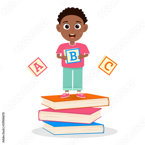 Cute little boy standing on books and holding abc cube. Back to school postcard, banner elements isolated on white