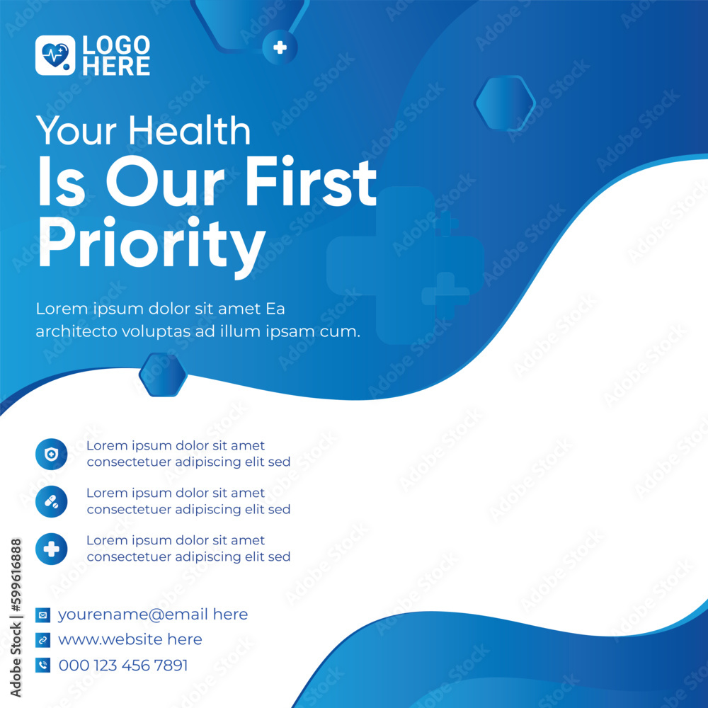 Fototapeta premium Medical healthcare service social media post template design. Hospital, doctor, clinic, promotion flyer poster.