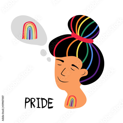 Gay Pride LGBT concept. Rainbow coloured happy Girl with thinking bubble and Rainbow tattoo. Cartoon style vector, colourful illustration. Stickers, patches, logo design. t-shirt print.