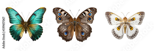 Kollektion von drei detailreichen, schönen, bunten Schmetterlingen auf transparentem Hintergrund, Generative AI
