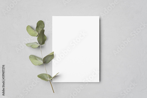 Top view blank invitation card mockup with dry eucalyptus twig decoration on grey background