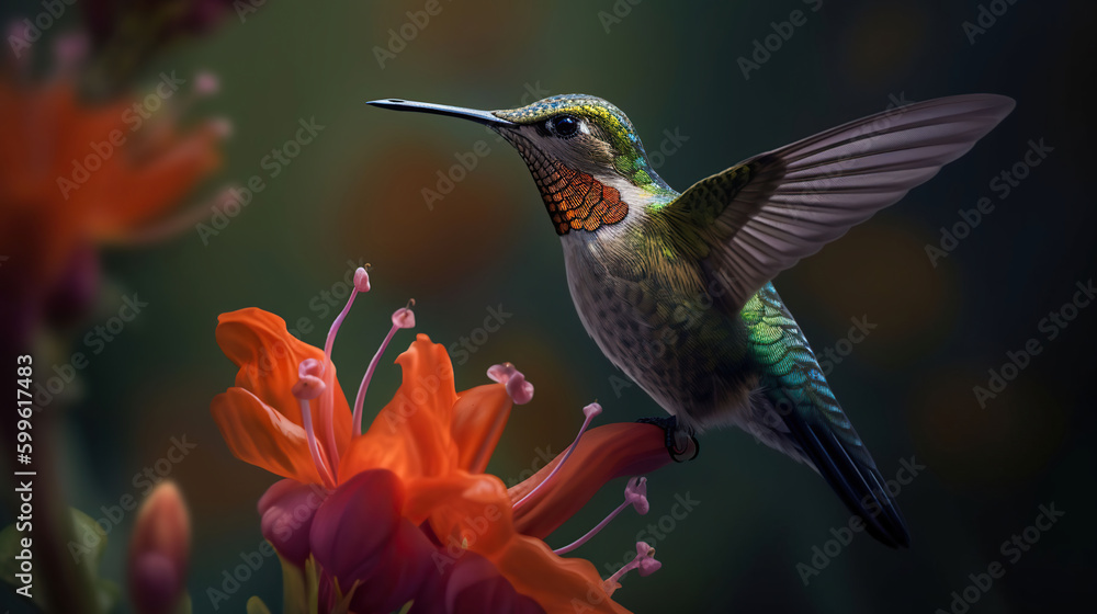 Fototapeta premium Hummingbird flies near red flowers. AI Generative