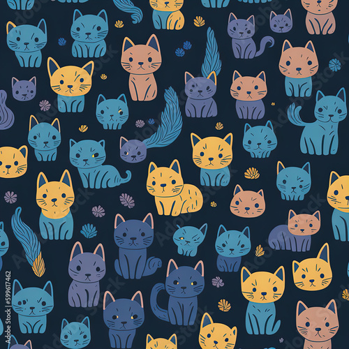 Seamless pattern repeating pattern texture background print cartoon illustration cartoon colorful cats blue orange yellow magenta 