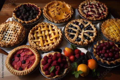 selection of fruit pies, each with its own unique flavor and texture, created with generative ai
