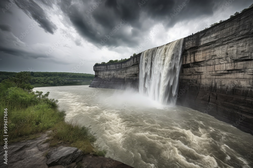dramatic waterfall scene with storm clouds looming overhead, created with generative ai dramatic waterfall scene with storm clouds looming overhead, created with generative ai