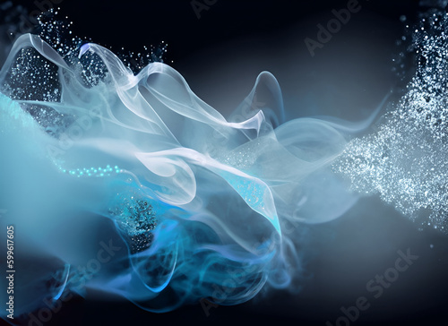 Glitter Abstract art background with free space mist. Paint water splash. Magic spell. Blue silver color gradient shiny smoke veil wave on black, Genrative AI