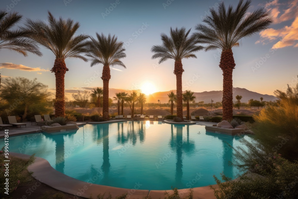 oasis with turquoise pool surrounded by palm trees and desert sunrises, created with generative ai