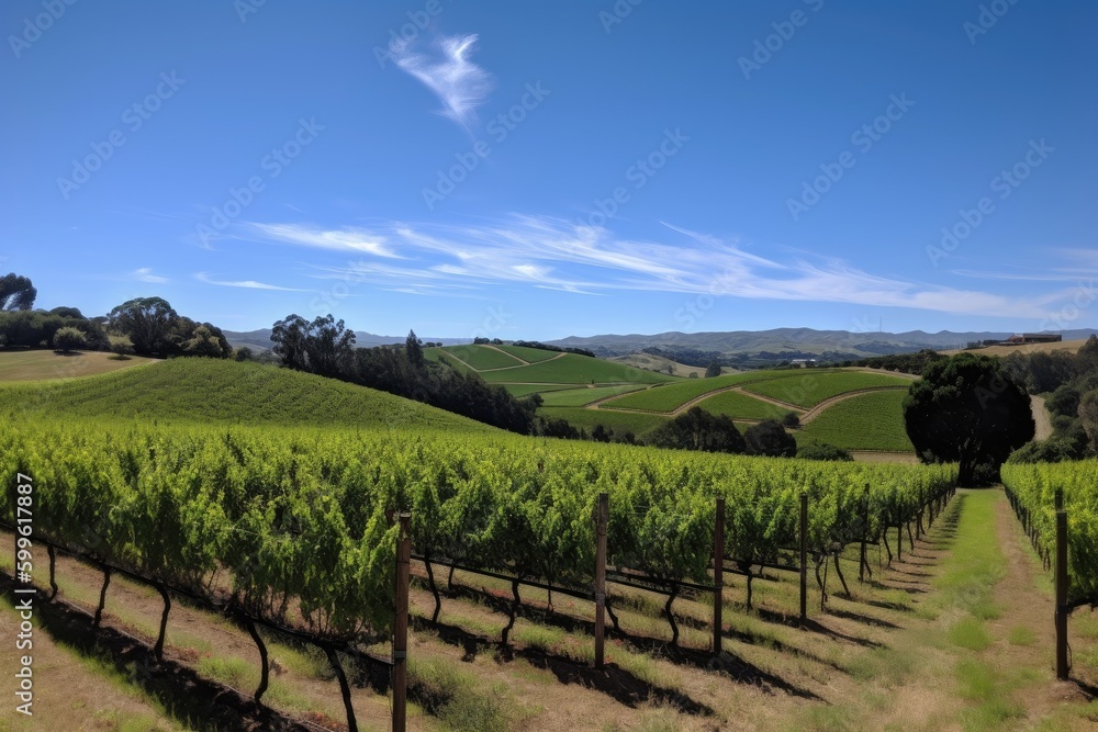 vineyard with rolling hills and clear blue skies, created with generative ai