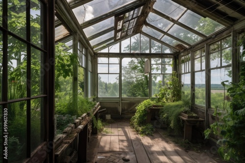 a greenhouse with a view of a lush, green forest, created with generative ai