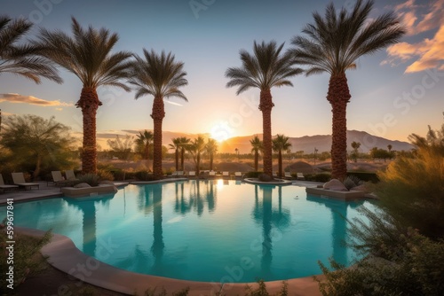 oasis with turquoise pool surrounded by palm trees and desert sunrises  created with generative ai
