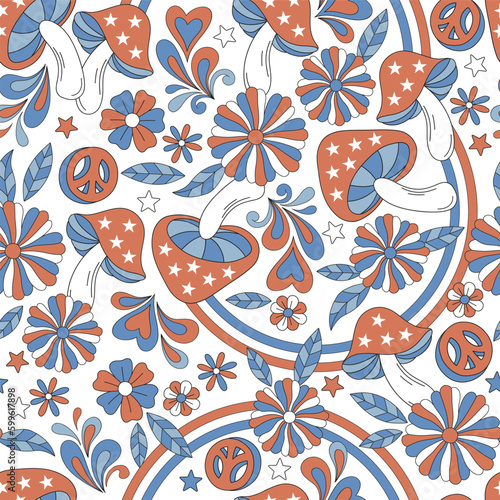 American Red Blue White groovy hippie flowers, mushrooms, rainbow vector seamless pattern. Patriotic USA Independence Day floral background. 4th of July surface design for packaging, scrap book