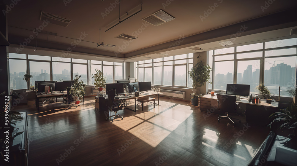 Spacious, well-lit, empty office with comfy interiors. AI Generative