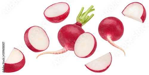Falling radish isolated on white background photo