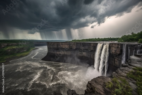 dramatic waterfall against a stormy sky with thunder and lightning  created with generative ai