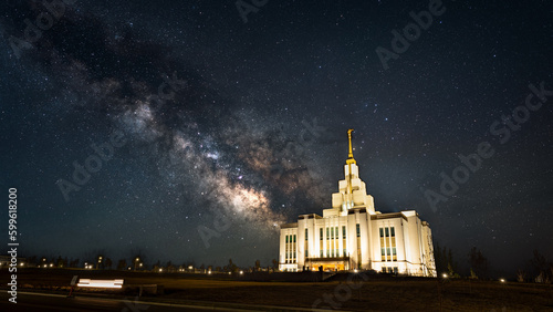 Nighttime Milky Way behind an LDS Temple photo