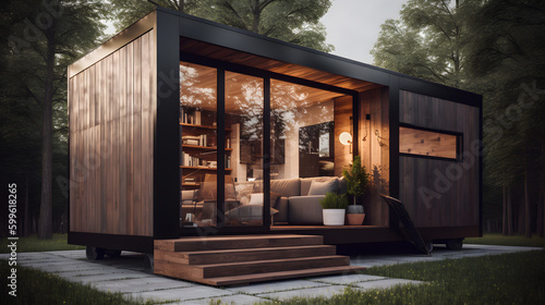 This striking stock photo showcases a beautifully designed tiny house, complete with a sleek modern exterior and a cozy, inviting interior.