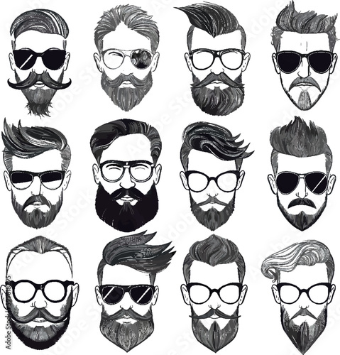 Hipster hair and beards, fashion vector illustration set, vector, isolated background