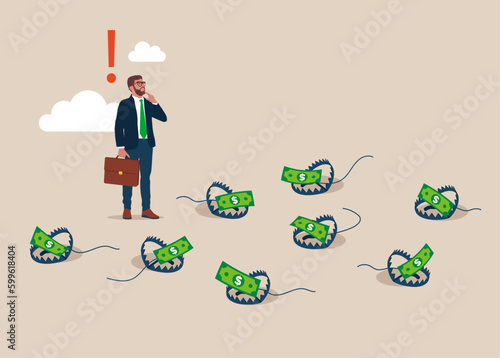 Businessman look at steel bear trap with money. Avoid pitfall, and business failure. Flat vector illustration.