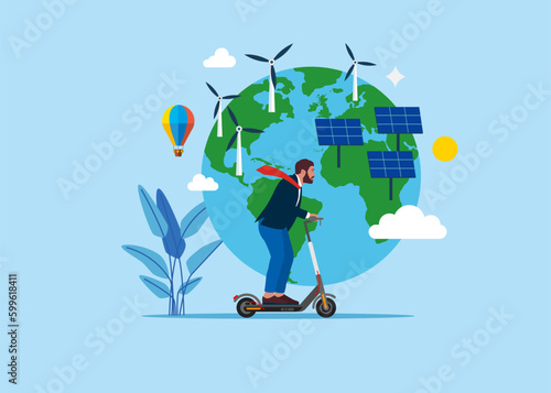 People using eco technology. Businessman on electric scooter, near solar panels and wind turbines. Flat vector illustration.