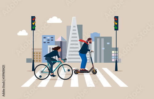Woman on Bicycle and businessman on electric scooter Traveling to Work in City. Crossing Road by Crosswalk with Zebra Markup. Flat vector illustration.