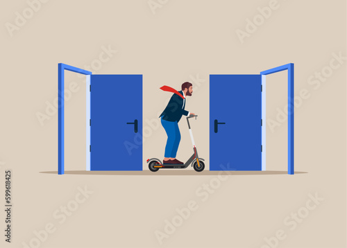 Employee on electric scooter resign and walk through exit door. Leaving company, people management. Modern vector illustration in flat style