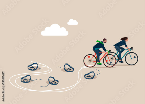 Business people with Bicycle  pass many steel bear trap to achieve business success. Avoid pitfall, and business failure. Flat vector illustration