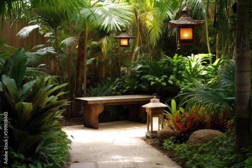 tropical garden with wooden bench and hanging lanterns, created with generative ai © Alfazet Chronicles