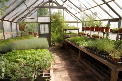 greenhouse filled with fragrant herbs and spices  created with generative ai