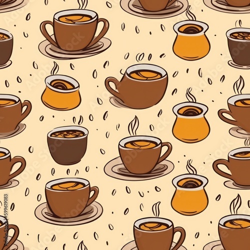 coffee cups and mugs in various styles coffee shop craft paper background seamless pattern