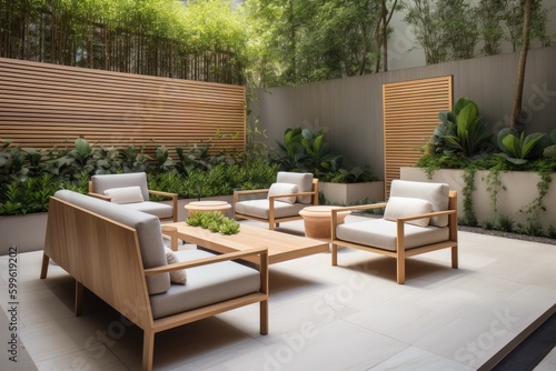 modern outdoor seating area features sleek lounge chairs and a coffee table, created with generative ai