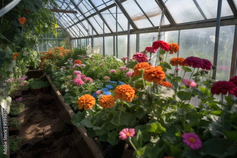 close-up of flowering greenhouse, with warm and welcoming atmosphere, created with generative ai close-up of flowering greenhouse, with warm and welcoming atmosphere, created with generative ai
