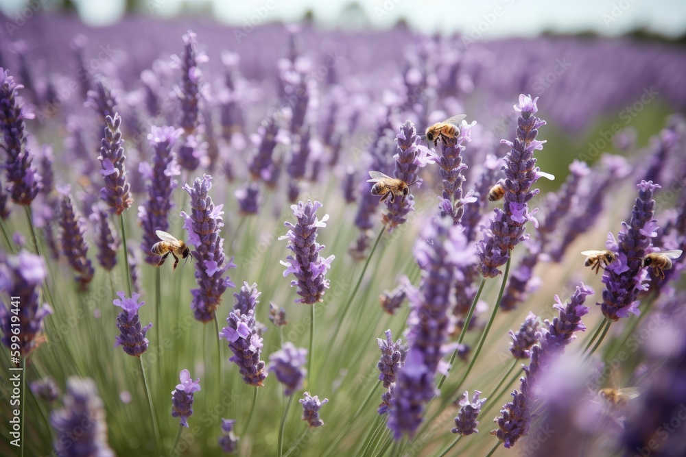 Obraz premium lavender field blooming in full bloom, with bees buzzing and butterflies fluttering, created with generative ai