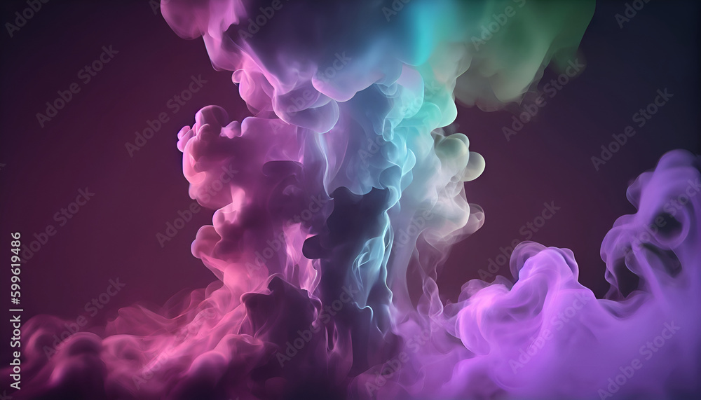 Fototapeta premium Creative background composition. Multicoloured Colourful swirled clouds of smoke abstract on dark background .
