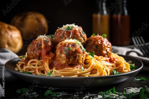 mouthwatering plate of spaghetti and meatballs with drizzle of rich, red sauce, created with generative ai photo
