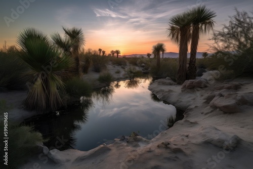 desert oasis, with dramatic sunrise in the background, bringing new day and possibilities, created with generative ai