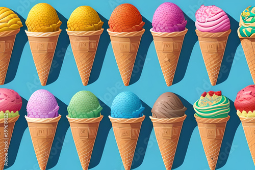 A pattern with ice cream cones in different flavors