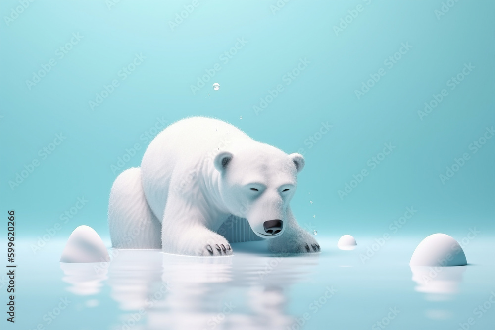 Polar bear on small melting ice float. Climate change concept. Generative AI illustration Polar bear on small melting ice float. Climate change concept. Generative AI illustration