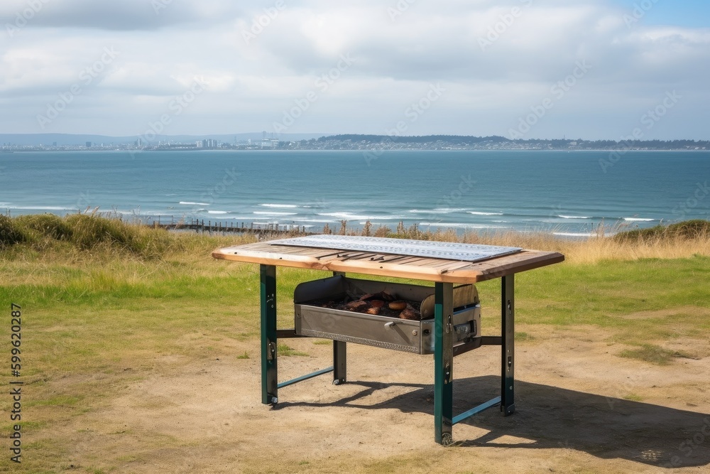 portable grill on a picnic table, with view of the beach in the background, created with generative ai portable grill on a picnic table, with view of the beach in the background, created with generative ai