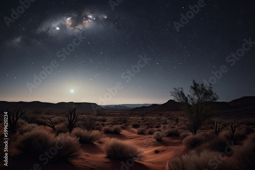 night sky blanketed with glittering stars and a crescent moon over desert landscape, created with generative ai
