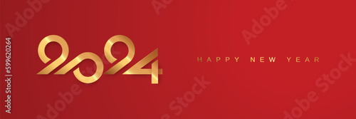 2024 new year with gold typography logo number on luxury red background. Happy new year 2024 celebration banner template
