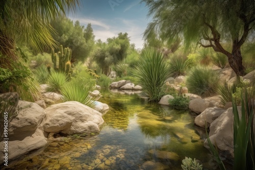 desert oasis with lush greenery and babbling brook  providing a serene escape from the heat of the desert  created with generative ai