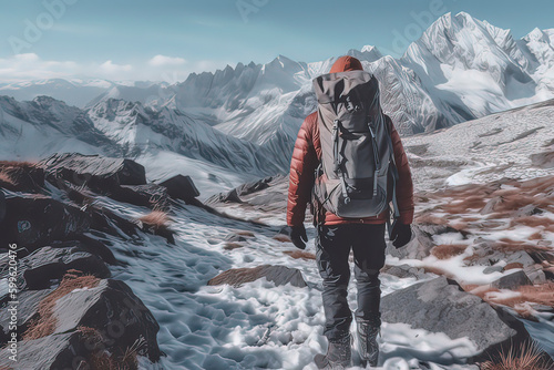 Traveler hiking with backpacks. AI technology generated image