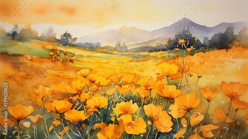 Sunlit Delights: Watercolor Journey through Marigold Fields