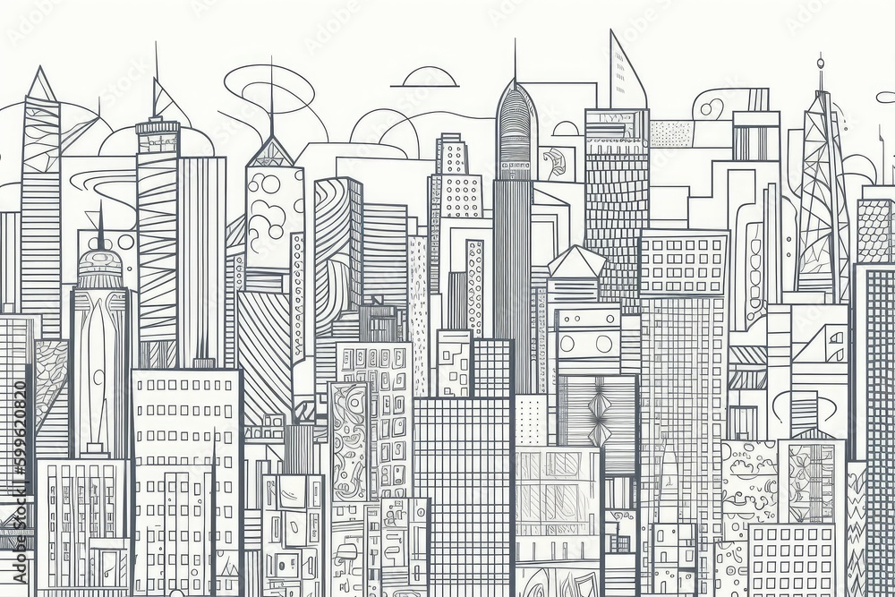 geometric line art of cityscape with tall buildings and busy streets, created with generative ai