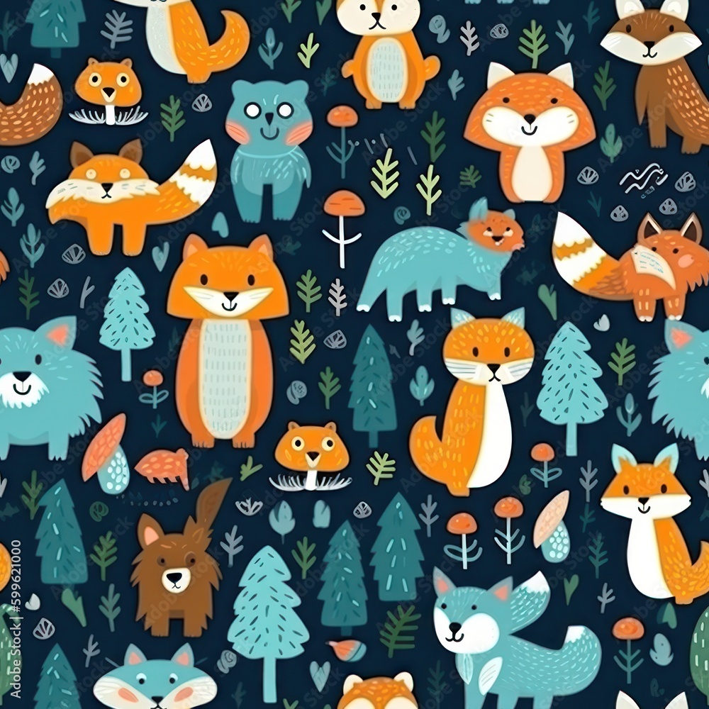 forest animals and trees background seamless pattern .generative ai forest animals and trees background seamless pattern .generative ai