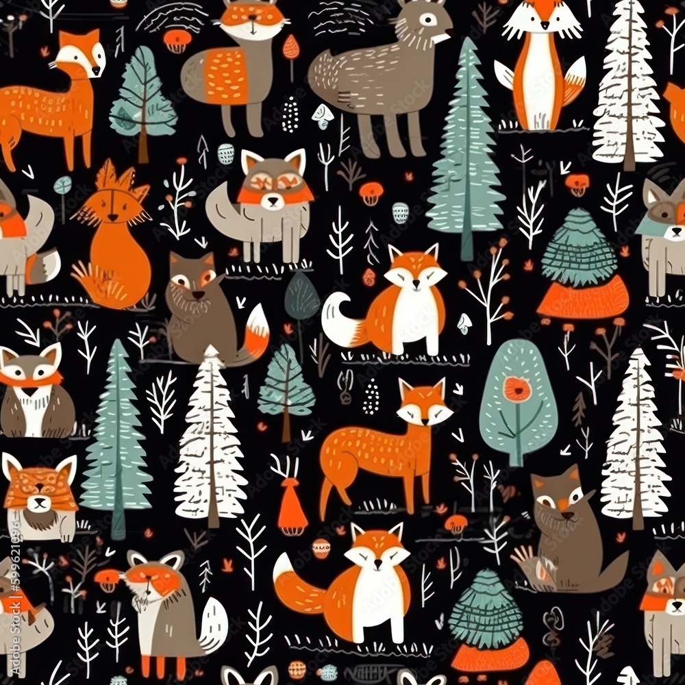 background seamless pattern with wild animals and forest fir trees